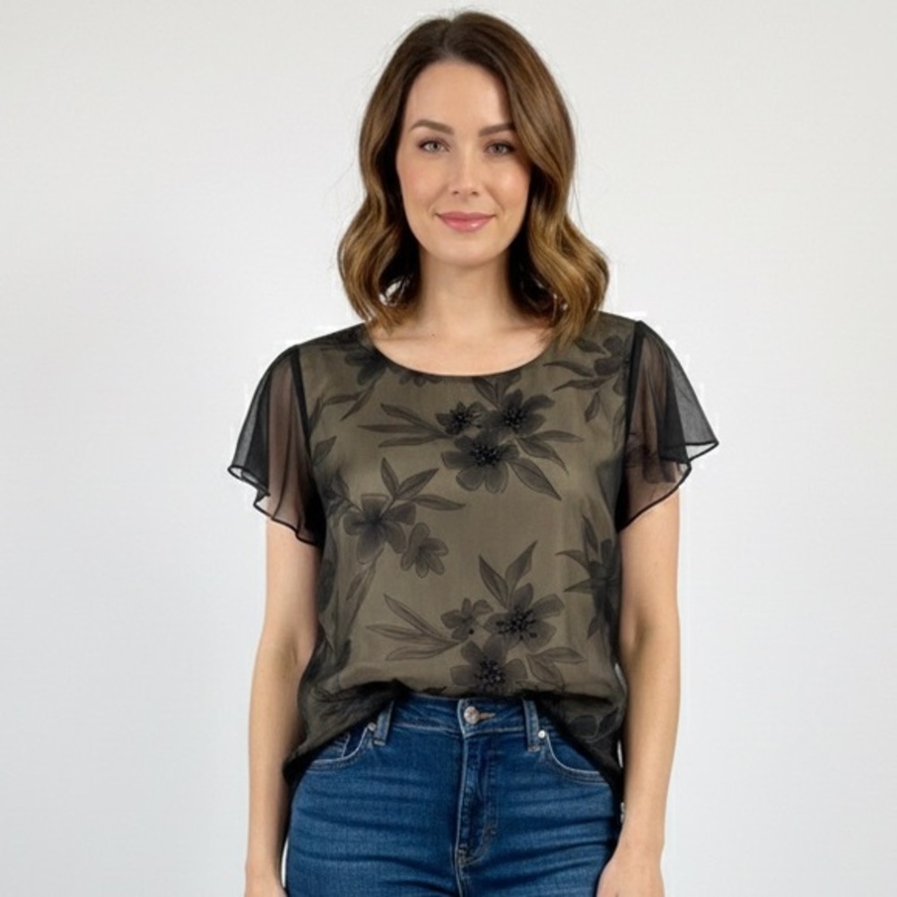 Just In! Talbots Petites Elegant Black Sheer Floral Beaded Blouse - Size 12P - Picture 4 of 6